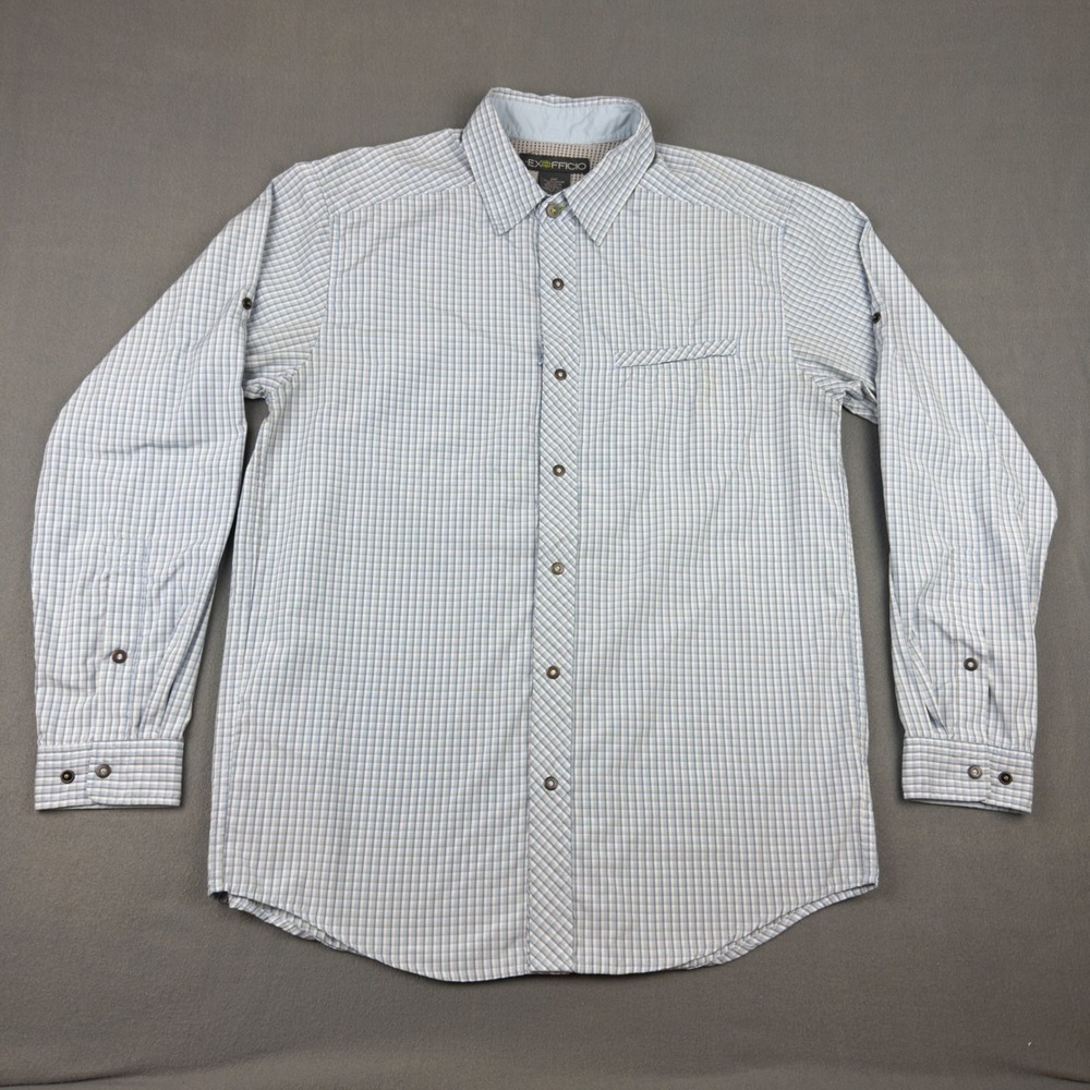 ExOfficio Mens Air Strip Plaid Long Sleeve Hiking Shirt Blue Tan Large Mesh Back